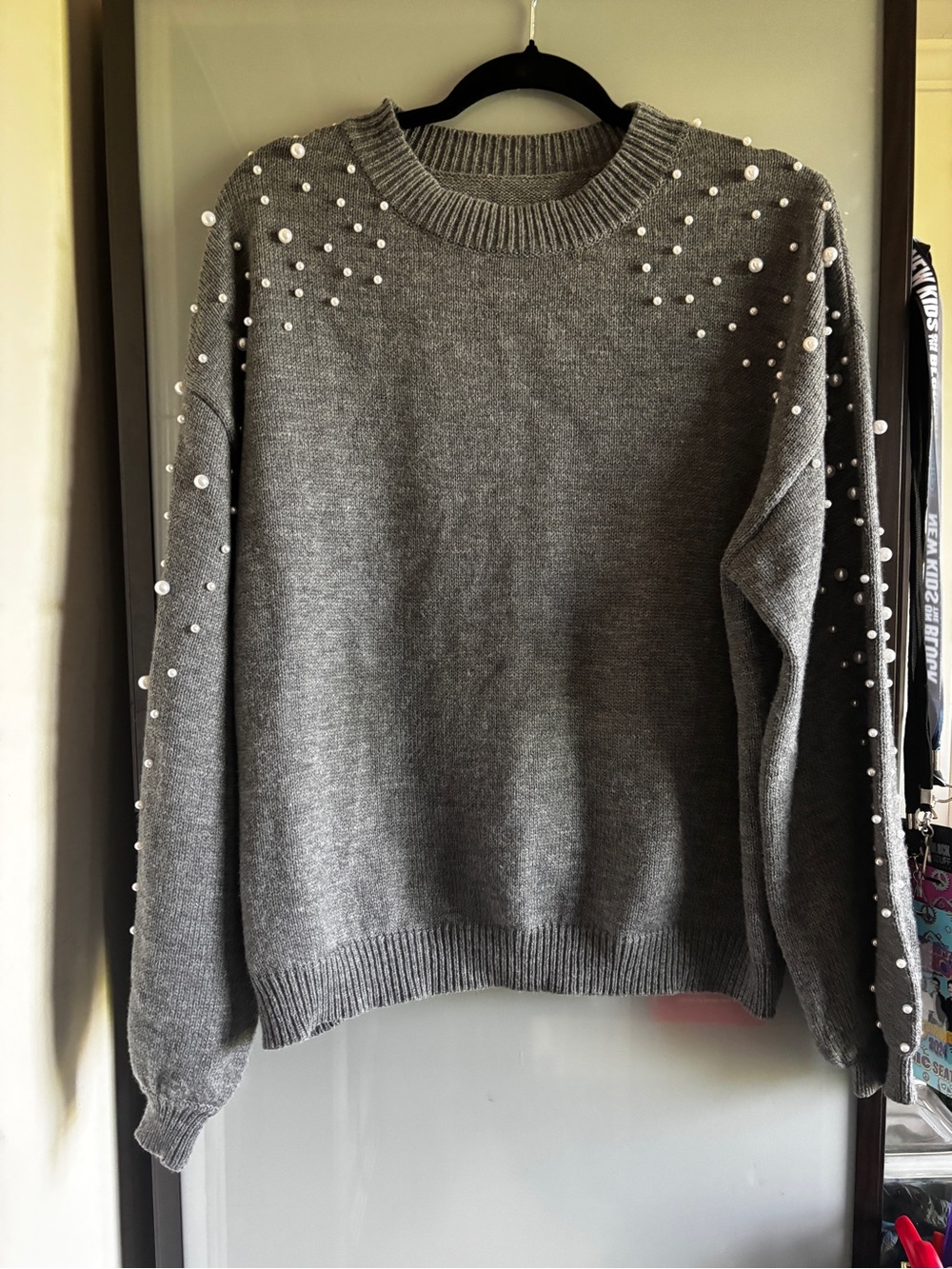 Women’s Grey Pearl-Embellished Crewneck Sweater